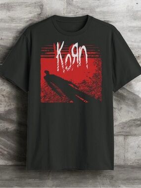 Black Short-Sleeve Korn Graphic Tee with Red Print